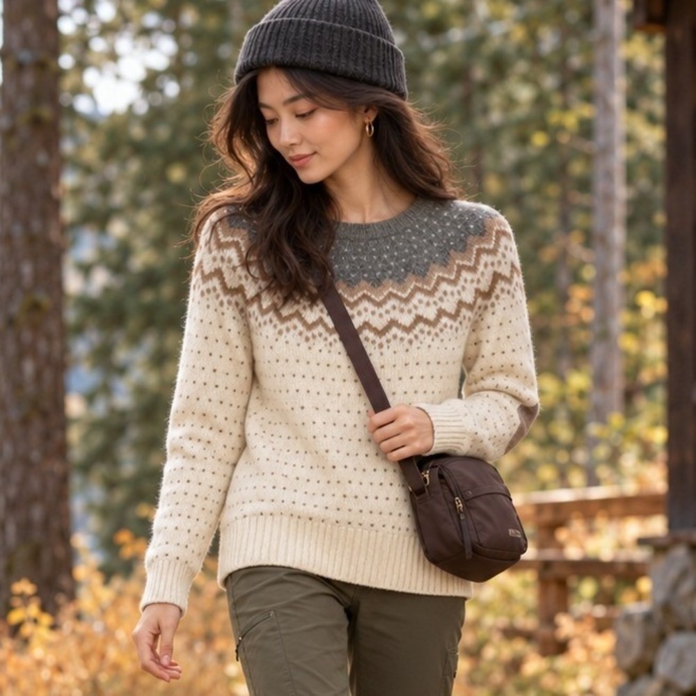 Fjallraven Ovik Knit Sweater Womens Cream Grey Wool Fair Isle Elbow Patches S